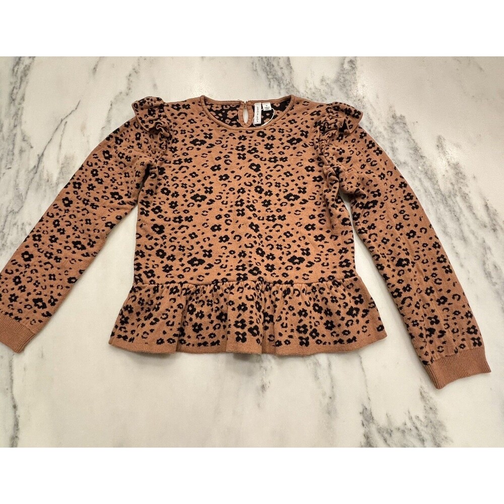 Girls JANIE AND JACK  Ruffle Puff Sleeve Sweater 12 Animal Print Peplum Cotton